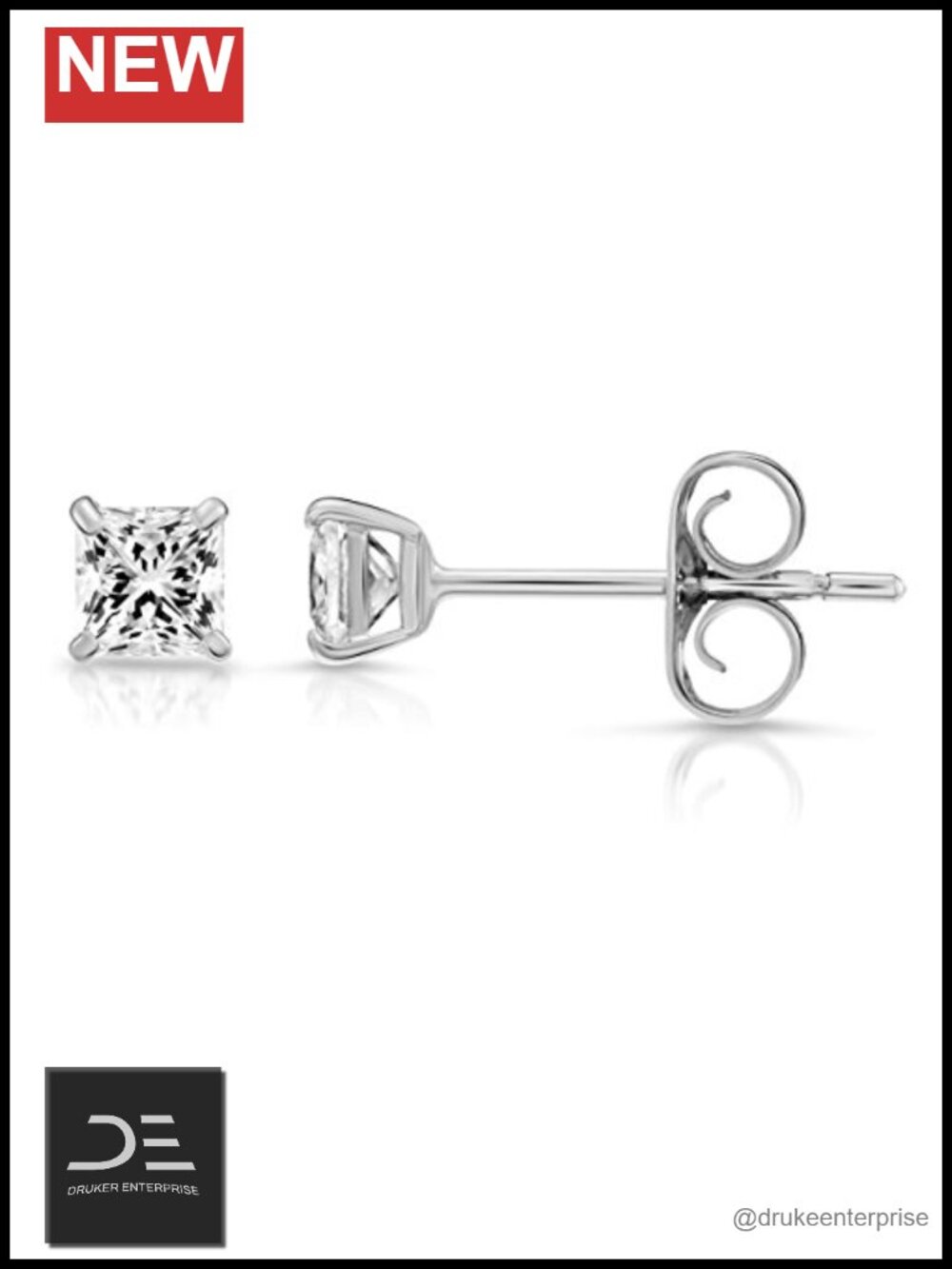 14k White Gold Princess Cut CZ Stud Earrings Real Gold Cubic Zirconia Square